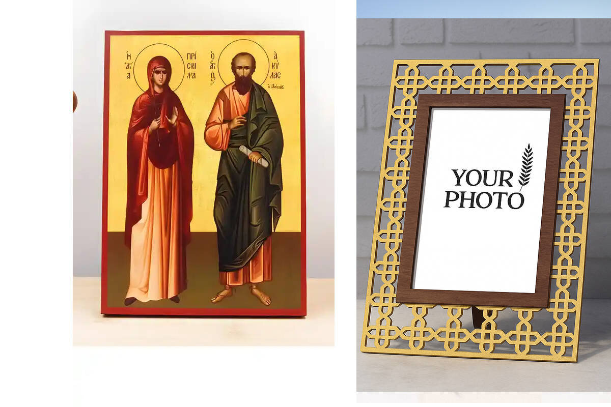 Εικόνα Ορθοδοξίας Πολυτελείας  με  σχεδιο Σταυρούς μαζι με  Βάση σε  8 χρώματα με περίγραμμα χρυσό σε ξύλο Plywood (Πλακάζ)   με  βάση Saints Priscilla and Aquila, Ξύλινη Χειροποίητη Εικόνα Ελληνικού Premium Βυζαντινού Στυλ Κρεμασμένη σε ξύλινη πλάκα Χειροποίητη Ελληνορθόδοξη εικόνα του Ιησού Χριστού, Κρεμαστή πλάκα βυζαντινής τέχνης, χριστιανική τέχνη Διάσταση 10x7 cm (3,9 x 2,8 ίντσες)  INTRAEK3kadro3211-11206