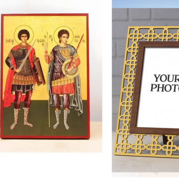 Εικόνα Ορθοδοξίας Πολυτελείας  με  σχεδιο Σταυρούς μαζι με  Βάση σε  8 χρώματα με περίγραμμα χρυσό σε ξύλο Plywood (Πλακάζ)   με  βάση Άγιοι Γεώργιος και Δημήτριος, Ξύλινη Χειροποίητη Εικόνα Ελληνικής Premium Βυζαντινού Στυλ Κρεμασμένη σε ξύλινη πλάκα Χειροποίητη Ελληνορθόδοξη εικόνα του Ιησού Χριστού, Κρεμαστή πλάκα βυζαντινής τέχνης, χριστιανική τέχνη Διάσταση 15x11 cm (5,9 x 4,3 ίντσες)  INTRAEK3kadro3211-611205 - Image 1