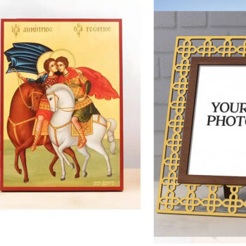 Εικόνα Ορθοδοξίας Πολυτελείας  με  σχεδιο Σταυρούς μαζι με  Βάση σε  8 χρώματα με περίγραμμα χρυσό σε ξύλο Plywood (Πλακάζ)   με  βάση Άγιοι Γεώργιος και Δημήτριος Έφιππος, Ξύλινη Χειροποίητη Εικόνα Ελληνικού Βυζαντινού Στυλ Κρεμαστή σε ξύλινη πλάκα Χειροποίητη Ελληνορθόδοξη εικόνα του Ιησού Χριστού, Κρεμαστή πλάκα βυζαντινής τέχνης, χριστιανική τέχνη Διάσταση 15x11 cm (5,9 x 4,3 ίντσες)  INTRAEK3kadro3211-611204 - Image 1