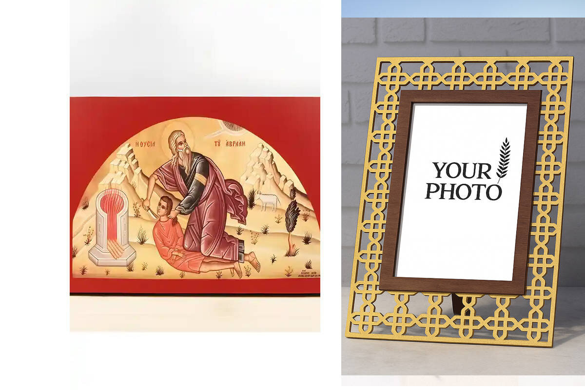 Εικόνα Ορθοδοξίας Πολυτελείας  με  σχεδιο Σταυρούς μαζι με  Βάση σε  8 χρώματα με περίγραμμα χρυσό σε ξύλο Plywood (Πλακάζ)   με  βάση The Sacrifice of Abraham, Ξύλινη Χειροποίητη Εικόνα Ελληνικού Premium Βυζαντινού Στυλ Κρεμασμένος σε ξύλινη πλάκα Θρησκευτικό θέμα Χειροποίητη Ελληνορθόδοξη εικόνα του Ιησού Χριστού, Κρεμαστή πλάκα βυζαντινής τέχνης, χριστιανική τέχνη Διάσταση 10x7 cm (3,9 x 2,8 ίντσες)  INTRAEK3kadro3211-11199