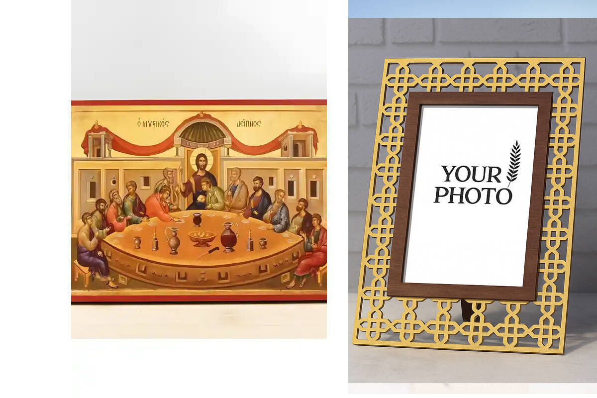 Εικόνα Ορθοδοξίας Πολυτελείας  με  σχεδιο Σταυρούς μαζι με  Βάση σε  8 χρώματα με περίγραμμα χρυσό σε ξύλο Plywood (Πλακάζ)   με  βάση Ο Μυστικός Δείπνος Ο Ιησούς Χριστός με τους Αποστόλους, Ξύλινη Χειροποίητη Εικόνα Ελληνικού Premium Βυζαντινού Στυλ Κρεμασμένο σε ξύλινη πλάκα Θρησκευτικό θέμα Χειροποίητη Ελληνορθόδοξη εικόνα του Ιησού Χριστού, Κρεμαστή πλάκα βυζαντινής τέχνης, χριστιανική τέχνη Διάσταση 10x7 cm (3,9 x 2,8 ίντσες)  INTRAEK3kadro3211-11198