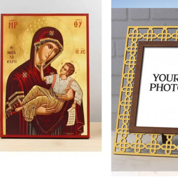 Εικόνα Ορθοδοξίας Πολυτελείας  με  σχεδιο Σταυρούς μαζι με  Βάση σε  8 χρώματα με περίγραμμα χρυσό σε ξύλο Plywood (Πλακάζ)   με  βάση Παναγία της Μεγάλης Χάριτος «Μεγαλόχαρη» με τον Ιησού, Ξύλινη Χειροποίητη Εικόνα Ελληνική Premium Βυζαντινού Στυλ Κρεμαστή Ξύλινη Πλάκα Θρησκευτική Χειροποίητη Ελληνορθόδοξη εικόνα του Ιησού Χριστού, Κρεμαστή πλάκα βυζαντινής τέχνης, χριστιανική τέχνη Διάσταση 10x7 cm (3,9 x 2,8 ίντσες)  INTRAEK3kadro3211-11197 - Image 1