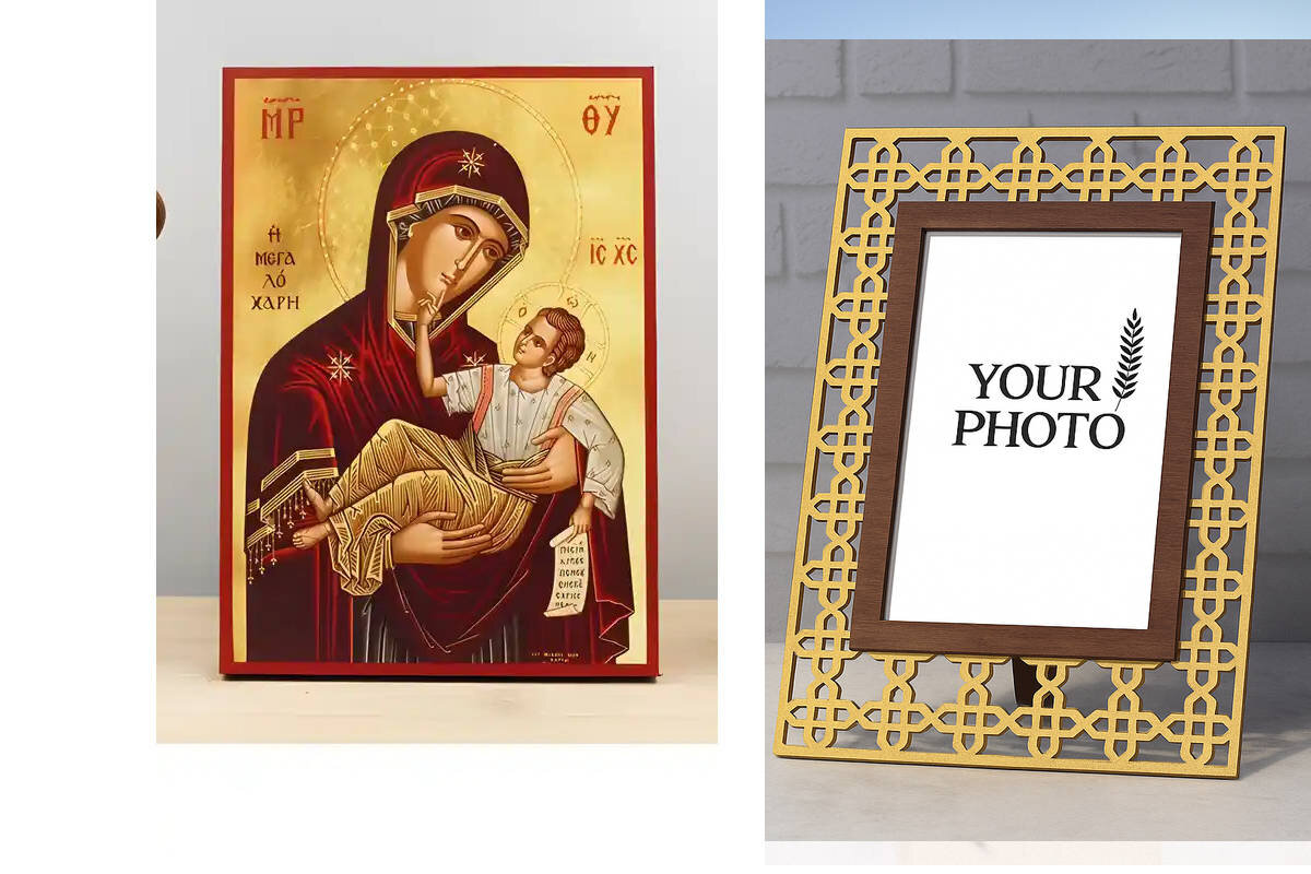 Εικόνα Ορθοδοξίας Πολυτελείας  με  σχεδιο Σταυρούς μαζι με  Βάση σε  8 χρώματα με περίγραμμα χρυσό σε ξύλο Plywood (Πλακάζ)   με  βάση Παναγία της Μεγάλης Χάριτος «Μεγαλόχαρη» με τον Ιησού, Ξύλινη Χειροποίητη Εικόνα Ελληνική Premium Βυζαντινού Στυλ Κρεμαστή Ξύλινη Πλάκα Θρησκευτική Χειροποίητη Ελληνορθόδοξη εικόνα του Ιησού Χριστού, Κρεμαστή πλάκα βυζαντινής τέχνης, χριστιανική τέχνη Διάσταση 10x7 cm (3,9 x 2,8 ίντσες)  INTRAEK3kadro3211-11197