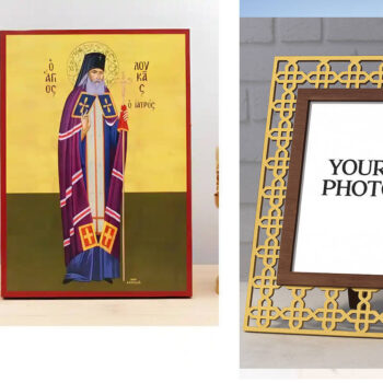 Εικόνα Ορθοδοξίας Πολυτελείας  με  σχεδιο Σταυρούς μαζι με  Βάση σε  8 χρώματα με περίγραμμα χρυσό σε ξύλο Plywood (Πλακάζ)   με  βάση Ολόσωμος Άγιος Λουκάς ο Ιατρός, Ξύλινη Χειροποίητη Εικόνα Ελληνικού Βυζαντινού Στυλ Κρεμαστή σε ξύλινη πλάκα Χειροποίητη Ελληνορθόδοξη εικόνα του Ιησού Χριστού, Κρεμαστή πλάκα βυζαντινής τέχνης, χριστιανική τέχνη Διάσταση 15x11 cm (5,9 x 4,3 ίντσες)  INTRAEK3kadro3211-611195 - Image 1