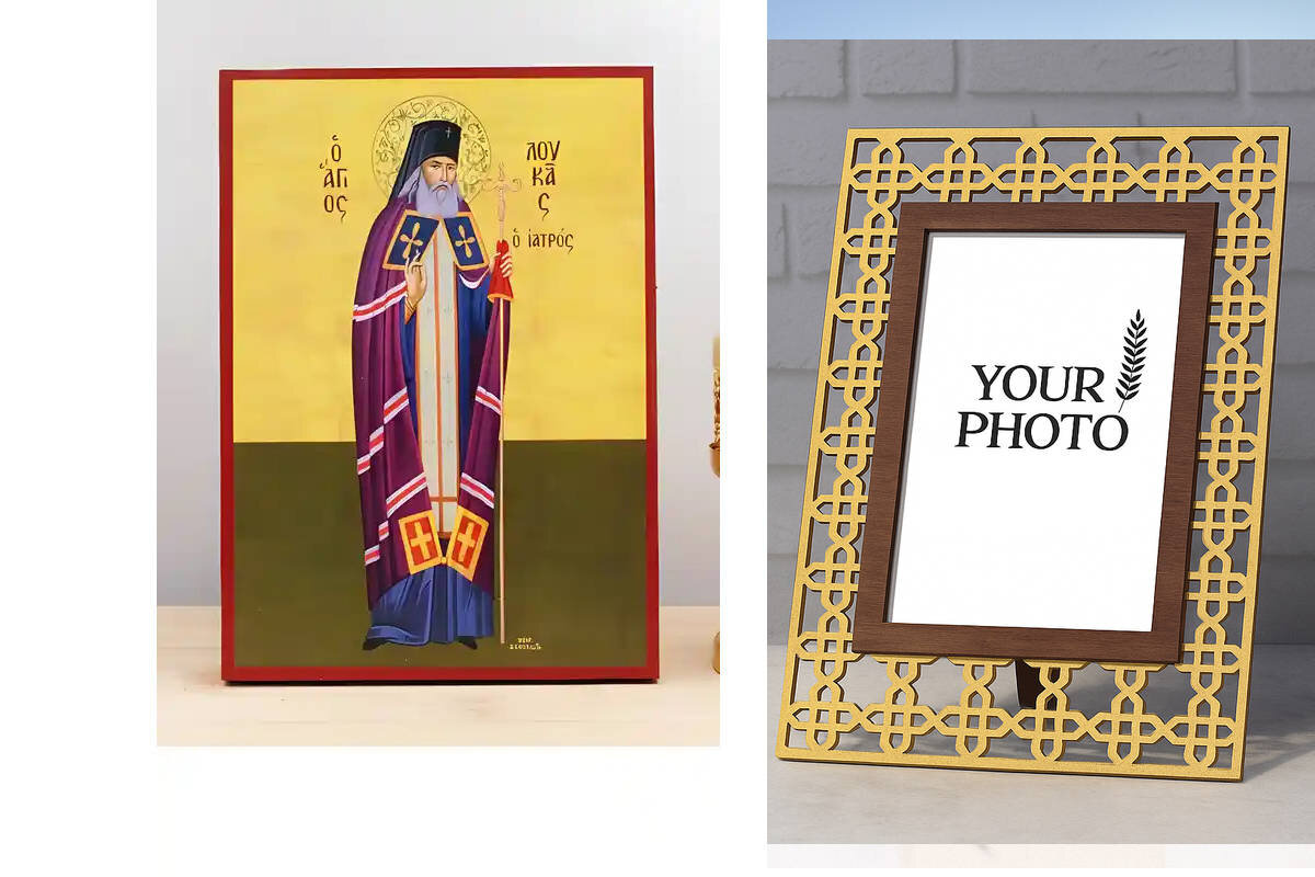 Εικόνα Ορθοδοξίας Πολυτελείας  με  σχεδιο Σταυρούς μαζι με  Βάση σε  8 χρώματα με περίγραμμα χρυσό σε ξύλο Plywood (Πλακάζ)   με  βάση Ολόσωμος Άγιος Λουκάς ο Ιατρός, Ξύλινη Χειροποίητη Εικόνα Ελληνικού Βυζαντινού Στυλ Κρεμαστή σε ξύλινη πλάκα Χειροποίητη Ελληνορθόδοξη εικόνα του Ιησού Χριστού, Κρεμαστή πλάκα βυζαντινής τέχνης, χριστιανική τέχνη Διάσταση 10x7 cm (3,9 x 2,8 ίντσες)  INTRAEK3kadro3211-11195