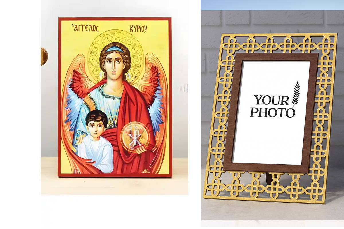 Εικόνα Ορθοδοξίας Πολυτελείας  με  σχεδιο Σταυρούς μαζι με  Βάση σε  8 χρώματα με περίγραμμα χρυσό σε ξύλο Plywood (Πλακάζ)   με  βάση Angel of the Lord Protector of Children, Ξύλινη Χειροποίητη Εικόνα Ελληνικού Premium Βυζαντινού Στυλ Κρεμασμένο σε ξύλινη πλάκα Θρησκευτικό θέμα Χειροποίητη Ελληνορθόδοξη εικόνα του Ιησού Χριστού, Κρεμαστή πλάκα βυζαντινής τέχνης, χριστιανική τέχνη Διάσταση 10x7 cm (3,9 x 2,8 ίντσες)  INTRAEK3kadro3211-11187