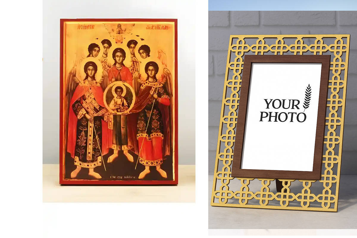 Εικόνα Ορθοδοξίας Πολυτελείας  με  σχεδιο Σταυρούς μαζι με  Βάση σε  8 χρώματα με περίγραμμα χρυσό σε ξύλο Plywood (Πλακάζ)   με  βάση Σύναξη Αρχαγγέλων με τον Ιησού Χριστό Παλιάς τεχνοτροπίας, Ξύλινη Χειροποίητη Εικόνα Ελληνική Premium Βυζαντινού Στυλ τοίχου Κρεμασμένη σε ξύλινη πλάκα Θρησκευτικό Χειροποίητη Ελληνορθόδοξη εικόνα του Ιησού Χριστού, Κρεμαστή πλάκα βυζαντινής τέχνης, χριστιανική τέχνη Διάσταση 10x7 cm (3,9 x 2,8 ίντσες)  INTRAEK3kadro3211-11186