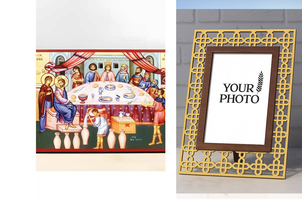 Εικόνα Ορθοδοξίας Πολυτελείας  με  σχεδιο Σταυρούς μαζι με  Βάση σε  8 χρώματα με περίγραμμα χρυσό σε ξύλο Plywood (Πλακάζ)   με  βάση Γάμος Ιησούς Χριστός στην Κανά, Ξύλινη Χειροποίητη Εικόνα Ελληνικού Premium Βυζαντινού Στυλ τοίχου που κρεμιέται σε ξύλινη πλάκα Ορθόδοξο θρησκευτικό θέμα Χειροποίητη Ελληνορθόδοξη εικόνα του Ιησού Χριστού, Κρεμαστή πλάκα βυζαντινής τέχνης, χριστιανική τέχνη Διάσταση 10x7 cm (3,9 x 2,8 ίντσες)  INTRAEK3kadro3211-11185