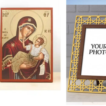 Εικόνα Ορθοδοξίας Πολυτελείας  με  σχεδιο Σταυρούς μαζι με  Βάση σε  8 χρώματα με περίγραμμα χρυσό σε ξύλο Plywood (Πλακάζ)   με  βάση Παναγία της Μεγάλης Χάριτος "Μεγαλόχαρη" με τον Ιησού, Ξύλινη Χειροποίητη Εικόνα με Χαρακτική Ελληνική Βυζαντινής Στυλ Κρεμάστρα Χειροποίητη Ελληνορθόδοξη εικόνα του Ιησού Χριστού, Κρεμαστή πλάκα βυζαντινής τέχνης, χριστιανική τέχνη Διάσταση 15x11 cm (5,9 x 4,3 ίντσες)  INTRAEK3kadro3211-611182 - Image 1