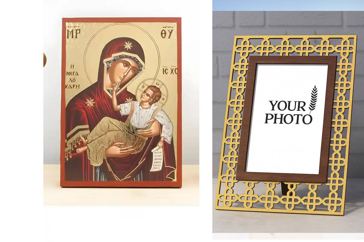 Εικόνα Ορθοδοξίας Πολυτελείας  με  σχεδιο Σταυρούς μαζι με  Βάση σε  8 χρώματα με περίγραμμα χρυσό σε ξύλο Plywood (Πλακάζ)   με  βάση Παναγία της Μεγάλης Χάριτος "Μεγαλόχαρη" με τον Ιησού, Ξύλινη Χειροποίητη Εικόνα με Χαρακτική Ελληνική Βυζαντινής Στυλ Κρεμάστρα Χειροποίητη Ελληνορθόδοξη εικόνα του Ιησού Χριστού, Κρεμαστή πλάκα βυζαντινής τέχνης, χριστιανική τέχνη Διάσταση 10x7 cm (3,9 x 2,8 ίντσες)  INTRAEK3kadro3211-11182