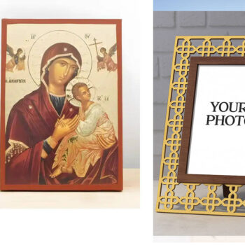 Εικόνα Ορθοδοξίας Πολυτελείας  με  σχεδιο Σταυρούς μαζι με  Βάση σε  8 χρώματα με περίγραμμα χρυσό σε ξύλο Plywood (Πλακάζ)   με  βάση Παναγία η Αγνή «Αμόλυντος» με τον Ιησού, Ξύλινη Χειροποίητη Εικόνα με Χαρακτική Ελληνική Βυζαντινού Στυλ τοίχου Χειροποίητη Ελληνορθόδοξη εικόνα του Ιησού Χριστού, Κρεμαστή πλάκα βυζαντινής τέχνης, χριστιανική τέχνη Διάσταση 15x11 cm (5,9 x 4,3 ίντσες)  INTRAEK3kadro3211-611181 - Image 1