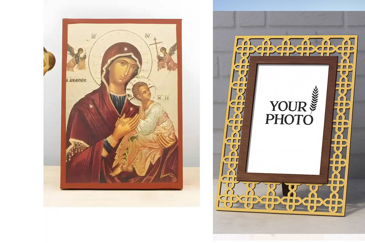 Εικόνα Ορθοδοξίας Πολυτελείας  με  σχεδιο Σταυρούς μαζι με  Βάση σε  8 χρώματα με περίγραμμα χρυσό σε ξύλο Plywood (Πλακάζ)   με  βάση Παναγία η Αγνή «Αμόλυντος» με τον Ιησού, Ξύλινη Χειροποίητη Εικόνα με Χαρακτική Ελληνική Βυζαντινού Στυλ τοίχου Χειροποίητη Ελληνορθόδοξη εικόνα του Ιησού Χριστού, Κρεμαστή πλάκα βυζαντινής τέχνης, χριστιανική τέχνη Διάσταση 10x7 cm (3,9 x 2,8 ίντσες)  INTRAEK3kadro3211-11181