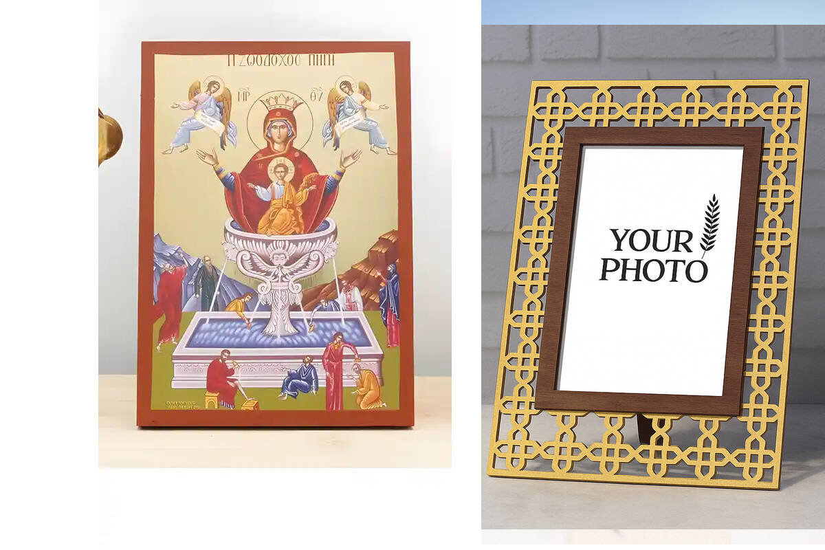 Εικόνα Ορθοδοξίας Πολυτελείας  με  σχεδιο Σταυρούς μαζι με  Βάση σε  8 χρώματα με περίγραμμα χρυσό σε ξύλο Plywood (Πλακάζ)   με  βάση Παναγία η Ζωοδόχος Πηγή με τον Ιησού και τους Αγγέλους, Ξύλινη Χειροποίητη Εικόνα με Ψηφιακή Εκτύπωση Ελληνικό Βυζαντινό Στυλ επιτοίχιο Χειροποίητη Ελληνορθόδοξη εικόνα του Ιησού Χριστού, Κρεμαστή πλάκα βυζαντινής τέχνης, χριστιανική τέχνη Διάσταση 10x7 cm (3,9 x 2,8 ίντσες)  INTRAEK3kadro3211-11180