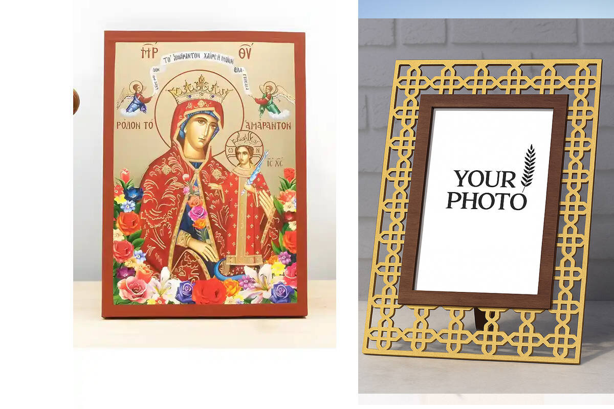 Εικόνα Ορθοδοξίας Πολυτελείας  με  σχεδιο Σταυρούς μαζι με  Βάση σε  8 χρώματα με περίγραμμα χρυσό σε ξύλο Plywood (Πλακάζ)   με  βάση Παναγία τα Αξεθώρια Τριαντάφυλλα με τον Ιησού, Ξύλινη Χειροποίητη Εικόνα με Ψηφιακή Εκτύπωση Ελληνικό Premium Βυζαντινού Στυλ Κρεμαστό τοίχου Θρησκευτικά Χειροποίητη Ελληνορθόδοξη εικόνα του Ιησού Χριστού, Κρεμαστή πλάκα βυζαντινής τέχνης, χριστιανική τέχνη Διάσταση 10x7 cm (3,9 x 2,8 ίντσες)  INTRAEK3kadro3211-11178