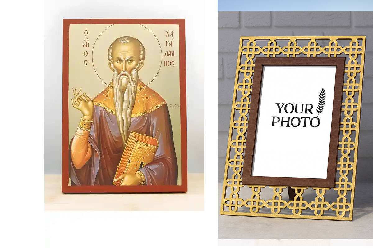 Εικόνα Ορθοδοξίας Πολυτελείας  με  σχεδιο Σταυρούς μαζι με  Βάση σε  8 χρώματα με περίγραμμα χρυσό σε ξύλο Plywood (Πλακάζ)   με  βάση Άγιος Χαράλαμπος Μαγνησίας, Ξύλινη Χειροποίητη Εικόνα με Φύλλο Χρυσού Ελληνικού Premium Βυζαντινού Στυλ Κρεμαστό τοίχου Θρησκευτικό Θέμα Χειροποίητη Ελληνορθόδοξη εικόνα του Ιησού Χριστού, Κρεμαστή πλάκα βυζαντινής τέχνης, χριστιανική τέχνη Διάσταση 10x7 cm (3,9 x 2,8 ίντσες)  INTRAEK3kadro3211-11177