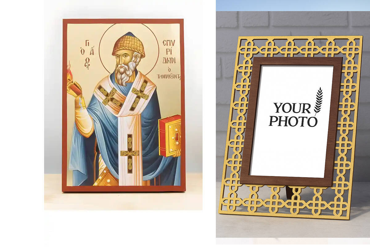 Εικόνα Ορθοδοξίας Πολυτελείας  με  σχεδιο Σταυρούς μαζι με  Βάση σε  8 χρώματα με περίγραμμα χρυσό σε ξύλο Plywood (Πλακάζ)   με  βάση Άγιος Σπυρίδων ο Θαυματουργός και Επίσκοπος Τρέμιθους, Ξύλινη Χειροποίητη Εικόνα με Αλουμινόχαρτο Ελληνικού Βυζαντινού Στυλ επιτοίχιας υψηλής ποιότητας Χειροποίητη Ελληνορθόδοξη εικόνα του Ιησού Χριστού, Κρεμαστή πλάκα βυζαντινής τέχνης, χριστιανική τέχνη Διάσταση 15x11 cm (5,9 x 4,3 ίντσες)  INTRAEK3kadro3211-611176