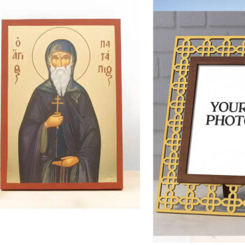 Εικόνα Ορθοδοξίας Πολυτελείας  με  σχεδιο Σταυρούς μαζι με  Βάση σε  8 χρώματα με περίγραμμα χρυσό σε ξύλο Plywood (Πλακάζ)   με  βάση Άγιος Πατάπιος Θηβών, Ξύλινη Χειροποίητη Εικόνα με χρυσό φύλλο Ελληνικού Premium Βυζαντινού Στυλ Κρεμαστό τοίχου Θρησκευτικό Θέμα Χειροποίητη Ελληνορθόδοξη εικόνα του Ιησού Χριστού, Κρεμαστή πλάκα βυζαντινής τέχνης, χριστιανική τέχνη Διάσταση 15x11 cm (5,9 x 4,3 ίντσες)  INTRAEK3kadro3211-611175 - Image 1