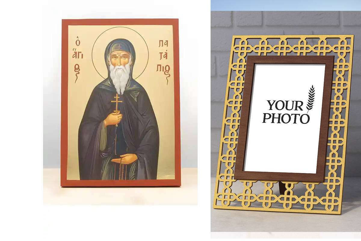 Εικόνα Ορθοδοξίας Πολυτελείας  με  σχεδιο Σταυρούς μαζι με  Βάση σε  8 χρώματα με περίγραμμα χρυσό σε ξύλο Plywood (Πλακάζ)   με  βάση Άγιος Πατάπιος Θηβών, Ξύλινη Χειροποίητη Εικόνα με χρυσό φύλλο Ελληνικού Premium Βυζαντινού Στυλ Κρεμαστό τοίχου Θρησκευτικό Θέμα Χειροποίητη Ελληνορθόδοξη εικόνα του Ιησού Χριστού, Κρεμαστή πλάκα βυζαντινής τέχνης, χριστιανική τέχνη Διάσταση 10x7 cm (3,9 x 2,8 ίντσες)  INTRAEK3kadro3211-11175