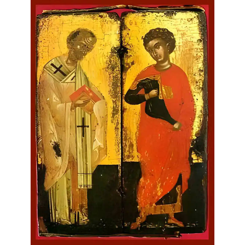 Εικόνα Ορθοδοξίας με περίγραμμα χρυσό σε ξύλο Φλαμουρίας  με  βάση Εικόνα ΑΓΙΟΙ ΝΙΚΟΛΑΟΣ ΚΑΙ ΓΕΩΡΓΙΟΣ, ΟΛΟΣΩΜΟΙ Χειροποίητη Ελληνορθόδοξη εικόνα του Ιησού Χριστού, Κρεμαστή πλάκα βυζαντινής τέχνης, χριστιανική τέχνη Διάσταση 40x30 cm (10,2x7,9 ίντσες)  INTRAEK-1447757865150