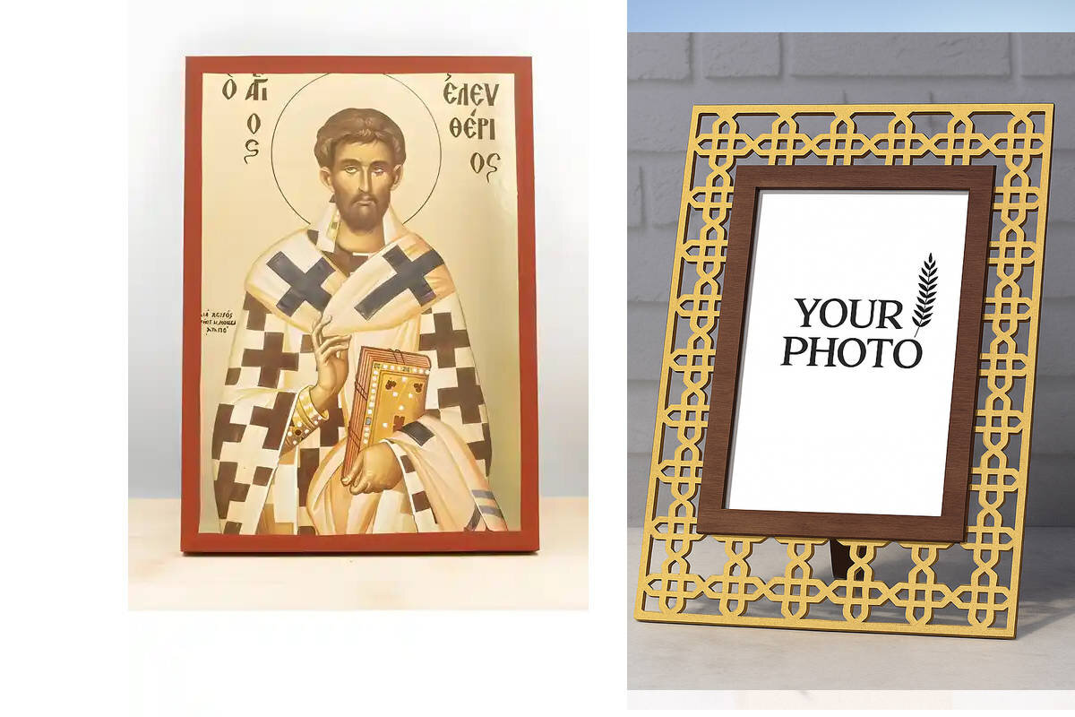 Εικόνα Ορθοδοξίας Πολυτελείας  με  σχεδιο Σταυρούς μαζι με  Βάση σε  8 χρώματα με περίγραμμα χρυσό σε ξύλο Plywood (Πλακάζ)   με  βάση Άγιος Ελευθέριος της Ιλλυρίας, Ξύλινη Χειροποίητη Εικόνα με χρυσό φύλλο Ελληνικού βυζαντινού ύφους επιτοίχια θρησκευτικό θέμα Χειροποίητη Ελληνορθόδοξη εικόνα του Ιησού Χριστού, Κρεμαστή πλάκα βυζαντινής τέχνης, χριστιανική τέχνη Διάσταση 10x7 cm (3,9 x 2,8 ίντσες)  INTRAEK3kadro3211-11174