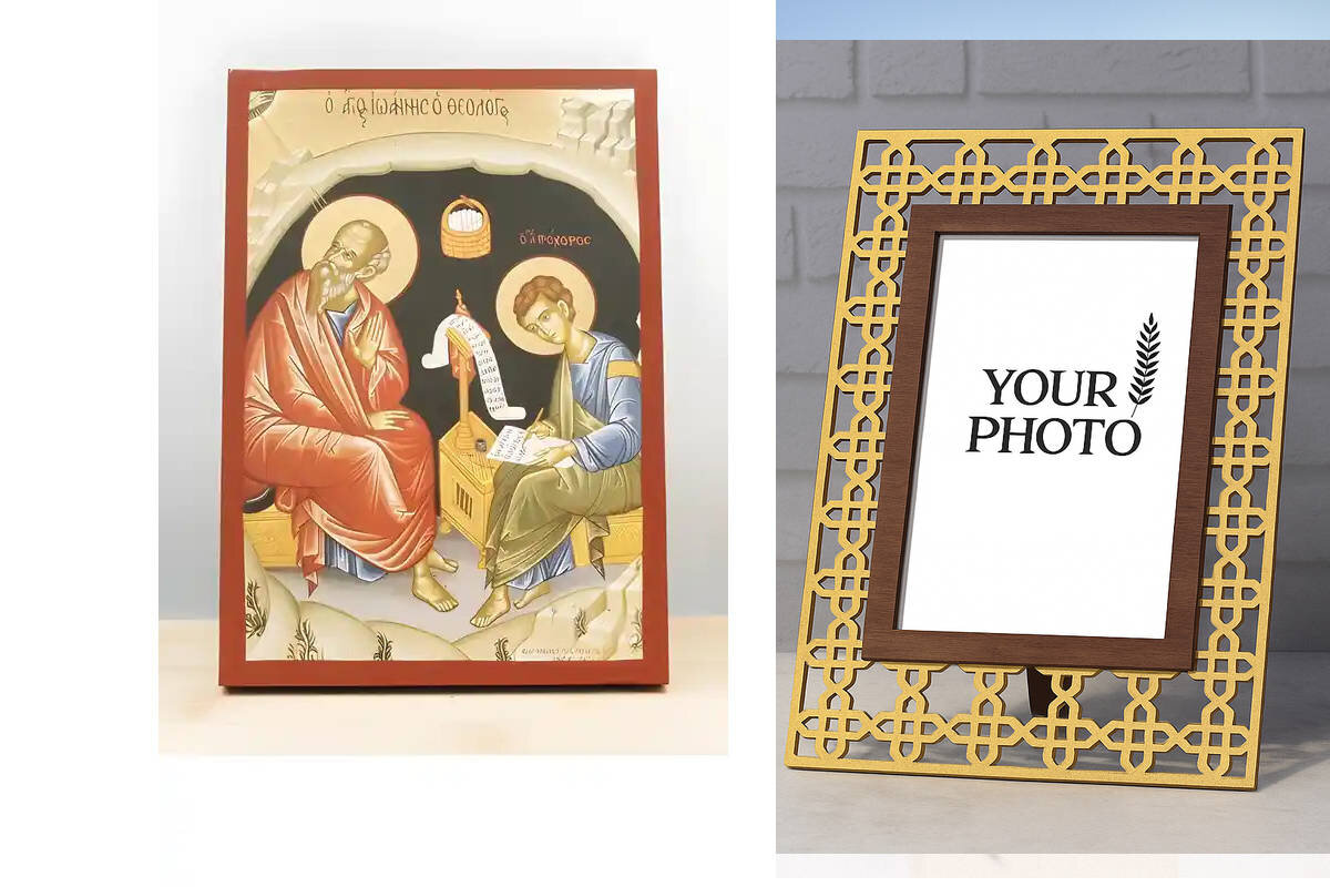 Εικόνα Ορθοδοξίας Πολυτελείας  με  σχεδιο Σταυρούς μαζι με  Βάση σε  8 χρώματα με περίγραμμα χρυσό σε ξύλο Plywood (Πλακάζ)   με  βάση Ο Άγιος Ιωάννης ο Θεολόγος στο Σπήλαιο της Αποκάλυψης, Ξύλινη Χειροποίητη Εικόνα με Αλουμινόχαρτο Ελληνικής Βυζαντινής Τεχνολογίας Χειροποίητη Ελληνορθόδοξη εικόνα του Ιησού Χριστού, Κρεμαστή πλάκα βυζαντινής τέχνης, χριστιανική τέχνη Διάσταση 10x7 cm (3,9 x 2,8 ίντσες)  INTRAEK3kadro3211-11173