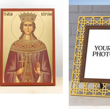 Εικόνα Ορθοδοξίας Πολυτελείας  με  σχεδιο Σταυρούς μαζι με  Βάση σε  8 χρώματα με περίγραμμα χρυσό σε ξύλο Plywood (Πλακάζ)   με  βάση Αγία Ειρήνη η Μεγαλομάρτυς, Ξύλινη Χειροποίητη Εικόνα με Ψηφιακή Εκτύπωση Ελληνικό Premium Βυζαντινού Στυλ Κρεμαστό τοίχου Θρησκευτικό Θέμα Χειροποίητη Ελληνορθόδοξη εικόνα του Ιησού Χριστού, Κρεμαστή πλάκα βυζαντινής τέχνης, χριστιανική τέχνη Διάσταση 10x7 cm (3,9 x 2,8 ίντσες)  INTRAEK3kadro3211-11172 - Image 1