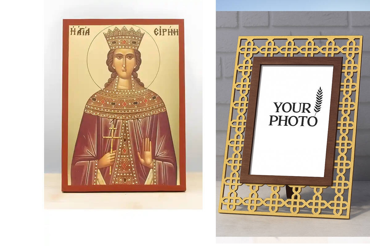 Εικόνα Ορθοδοξίας Πολυτελείας  με  σχεδιο Σταυρούς μαζι με  Βάση σε  8 χρώματα με περίγραμμα χρυσό σε ξύλο Plywood (Πλακάζ)   με  βάση Αγία Ειρήνη η Μεγαλομάρτυς, Ξύλινη Χειροποίητη Εικόνα με Ψηφιακή Εκτύπωση Ελληνικό Premium Βυζαντινού Στυλ Κρεμαστό τοίχου Θρησκευτικό Θέμα Χειροποίητη Ελληνορθόδοξη εικόνα του Ιησού Χριστού, Κρεμαστή πλάκα βυζαντινής τέχνης, χριστιανική τέχνη Διάσταση 10x7 cm (3,9 x 2,8 ίντσες)  INTRAEK3kadro3211-11172