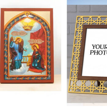 Εικόνα Ορθοδοξίας Πολυτελείας  με  σχεδιο Σταυρούς μαζι με  Βάση σε  8 χρώματα με περίγραμμα χρυσό σε ξύλο Plywood (Πλακάζ)   με  βάση Ο Ευαγγελισμός της Θεοτόκου "Τήνος", Ξύλινη Χειροποίητη Εικόνα με Φύλλο Χρυσού Ελληνικού Premium Βυζαντινού Στυλ Επιτοίχια Θρησκευτικό Θέμα Χειροποίητη Ελληνορθόδοξη εικόνα του Ιησού Χριστού, Κρεμαστή πλάκα βυζαντινής τέχνης, χριστιανική τέχνη Διάσταση 15x11 cm (5,9 x 4,3 ίντσες)  INTRAEK3kadro3211-611171 - Image 1