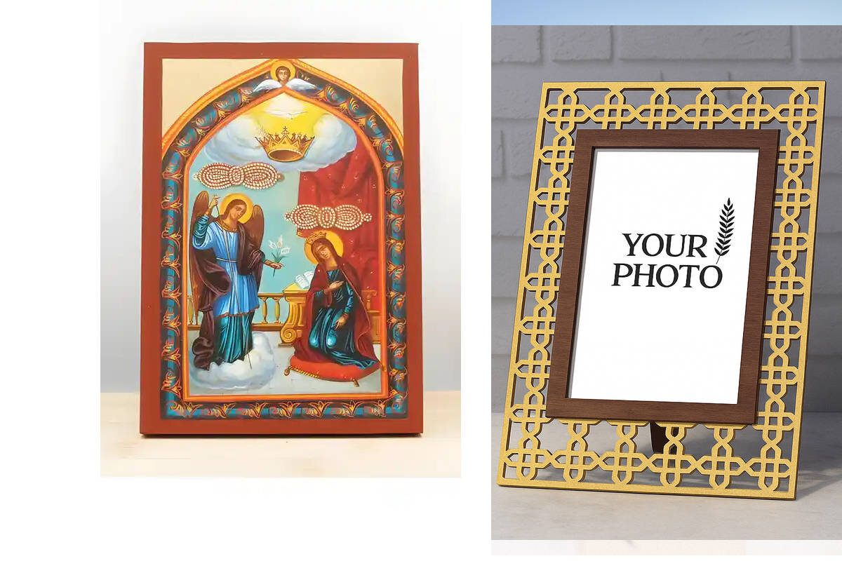 Εικόνα Ορθοδοξίας Πολυτελείας  με  σχεδιο Σταυρούς μαζι με  Βάση σε  8 χρώματα με περίγραμμα χρυσό σε ξύλο Plywood (Πλακάζ)   με  βάση Ο Ευαγγελισμός της Θεοτόκου "Τήνος", Ξύλινη Χειροποίητη Εικόνα με Φύλλο Χρυσού Ελληνικού Premium Βυζαντινού Στυλ Επιτοίχια Θρησκευτικό Θέμα Χειροποίητη Ελληνορθόδοξη εικόνα του Ιησού Χριστού, Κρεμαστή πλάκα βυζαντινής τέχνης, χριστιανική τέχνη Διάσταση 10x7 cm (3,9 x 2,8 ίντσες)  INTRAEK3kadro3211-11171