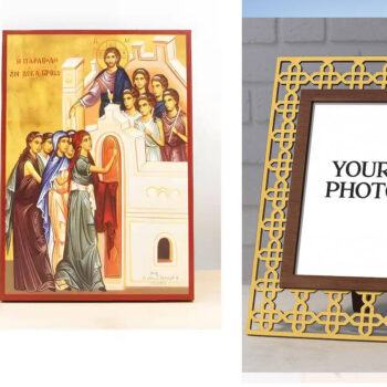 Εικόνα Ορθοδοξίας Πολυτελείας  με  σχεδιο Σταυρούς μαζι με  Βάση σε  8 χρώματα με περίγραμμα χρυσό σε ξύλο Plywood (Πλακάζ)   με  βάση Ιησούς Χριστός Παραβολή των Δέκα Παρθένων, Ξύλινη Χειροποίητη Εικόνα Ελληνικού Βυζαντινού Στυλ τοίχου που κρέμεται σε ξύλινη πλάκα Θρησκευτικό θέμα Χειροποίητη Ελληνορθόδοξη εικόνα του Ιησού Χριστού, Κρεμαστή πλάκα βυζαντινής τέχνης, χριστιανική τέχνη Διάσταση 15x11 cm (5,9 x 4,3 ίντσες)  INTRAEK3kadro3211-611170 - Image 1