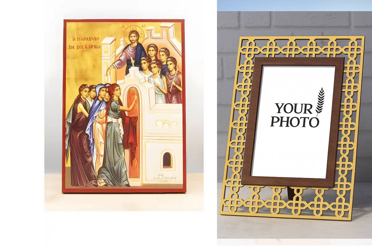 Εικόνα Ορθοδοξίας Πολυτελείας  με  σχεδιο Σταυρούς μαζι με  Βάση σε  8 χρώματα με περίγραμμα χρυσό σε ξύλο Plywood (Πλακάζ)   με  βάση Ιησούς Χριστός Παραβολή των Δέκα Παρθένων, Ξύλινη Χειροποίητη Εικόνα Ελληνικού Βυζαντινού Στυλ τοίχου που κρέμεται σε ξύλινη πλάκα Θρησκευτικό θέμα Χειροποίητη Ελληνορθόδοξη εικόνα του Ιησού Χριστού, Κρεμαστή πλάκα βυζαντινής τέχνης, χριστιανική τέχνη Διάσταση 15x11 cm (5,9 x 4,3 ίντσες)  INTRAEK3kadro3211-611170