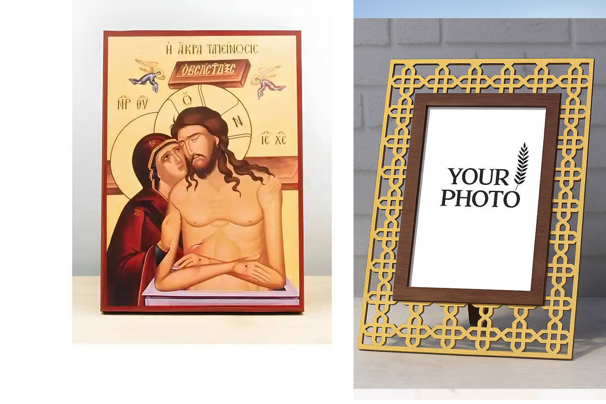 Εικόνα Ορθοδοξίας Πολυτελείας  με  σχεδιο Σταυρούς μαζι με  Βάση σε  8 χρώματα με περίγραμμα χρυσό σε ξύλο Plywood (Πλακάζ)   με  βάση Jesus Christ Man of Sorrows "Extreme Humility" με την Παναγία, Ξύλινη Χειροποίητη Εικόνα Ελληνικής Premium Βυζαντινού Στυλ Κρεμάστρα τοίχου Χειροποίητη Ελληνορθόδοξη εικόνα του Ιησού Χριστού, Κρεμαστή πλάκα βυζαντινής τέχνης, χριστιανική τέχνη Διάσταση 10x7 cm (3,9 x 2,8 ίντσες)  INTRAEK3kadro3211-11168