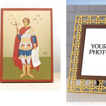 Εικόνα Ορθοδοξίας Πολυτελείας  με  σχεδιο Σταυρούς μαζι με  Βάση σε  8 χρώματα με περίγραμμα χρυσό σε ξύλο Plywood (Πλακάζ)   με  βάση Άγιος Φανούριος ο Νεοφανής Ολόσωμος, Ξύλινη Χειροποίητη Εικόνα με Φύλλο Χρυσού Ελληνικού Premium Βυζαντινού Στυλ Κρεμαστό τοίχου Θρησκευτικό Θέμα Χειροποίητη Ελληνορθόδοξη εικόνα του Ιησού Χριστού, Κρεμαστή πλάκα βυζαντινής τέχνης, χριστιανική τέχνη Διάσταση 15x11 cm (5,9 x 4,3 ίντσες)  INTRAEK3kadro3211-611161 - Image 1