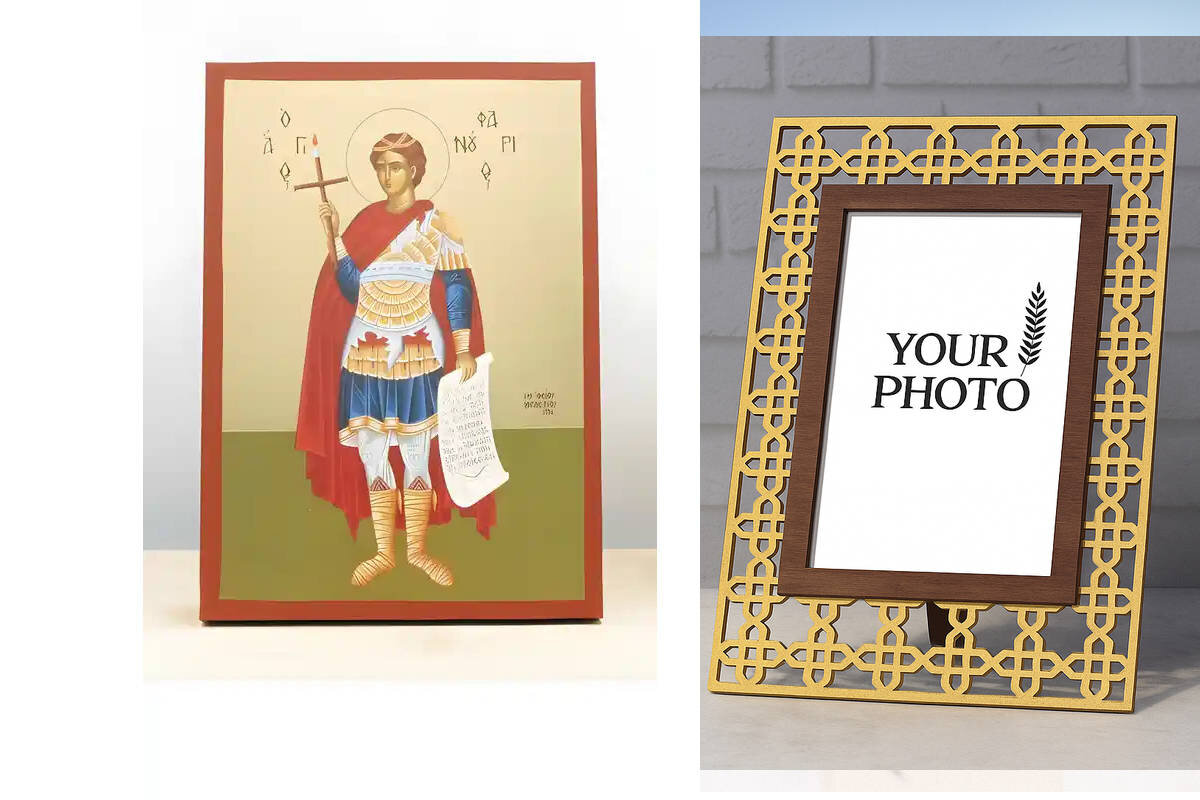 Εικόνα Ορθοδοξίας Πολυτελείας  με  σχεδιο Σταυρούς μαζι με  Βάση σε  8 χρώματα με περίγραμμα χρυσό σε ξύλο Plywood (Πλακάζ)   με  βάση Άγιος Φανούριος ο Νεοφανής Ολόσωμος, Ξύλινη Χειροποίητη Εικόνα με Φύλλο Χρυσού Ελληνικού Premium Βυζαντινού Στυλ Κρεμαστό τοίχου Θρησκευτικό Θέμα Χειροποίητη Ελληνορθόδοξη εικόνα του Ιησού Χριστού, Κρεμαστή πλάκα βυζαντινής τέχνης, χριστιανική τέχνη Διάσταση 15x11 cm (5,9 x 4,3 ίντσες)  INTRAEK3kadro3211-611161