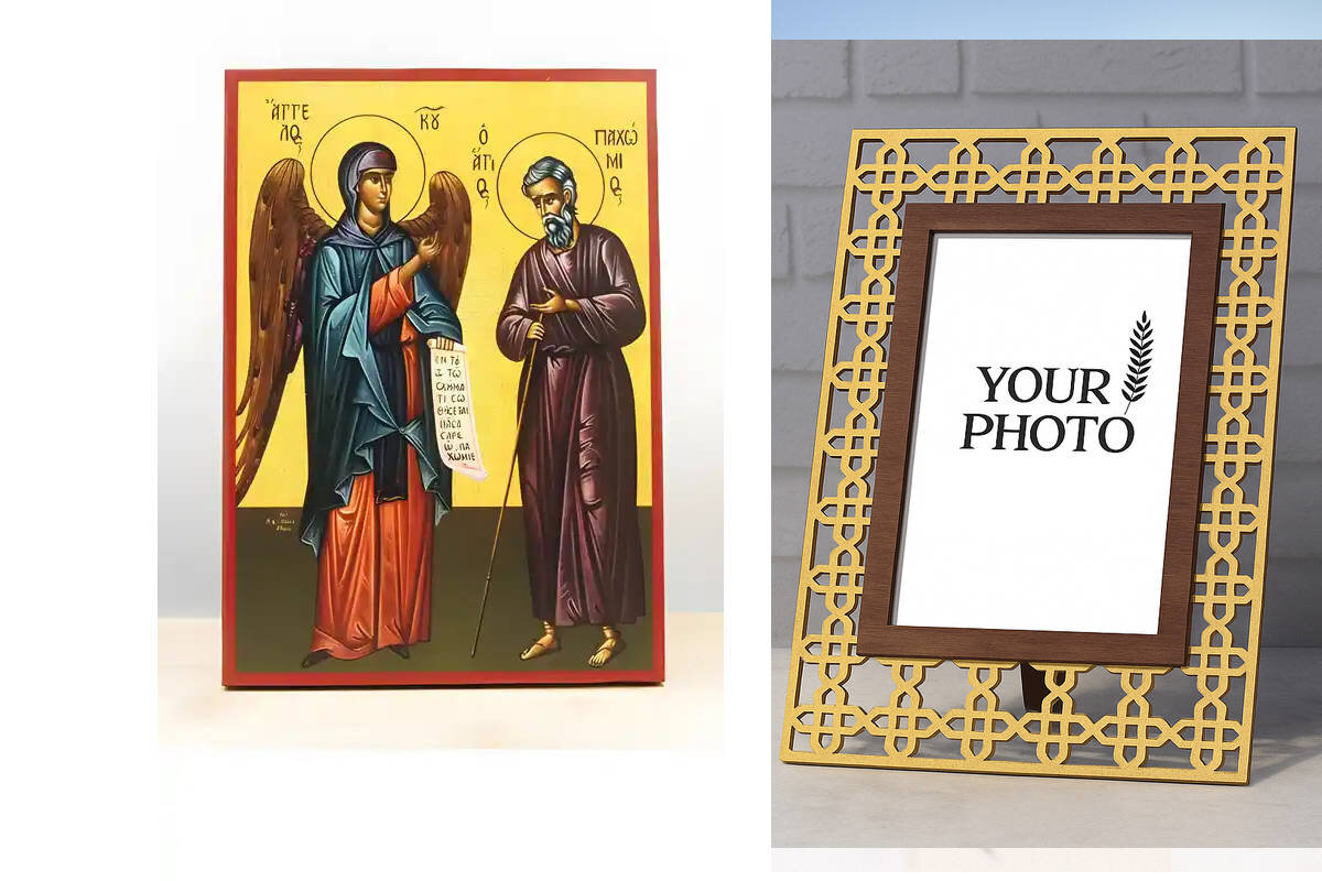 Εικόνα Ορθοδοξίας Πολυτελείας  με  σχεδιο Σταυρούς μαζι με  Βάση σε  8 χρώματα με περίγραμμα χρυσό σε ξύλο Plywood (Πλακάζ)   με  βάση Άγιος Παχώμιος ο Μέγας με Άγγελο, Ξύλινη Χειροποίητη Εικόνα Ελληνικού Premium Βυζαντινού Στυλ Κρεμασμένο σε ξύλινη πλάκα Θρησκευτικό θέμα Χειροποίητη Ελληνορθόδοξη εικόνα του Ιησού Χριστού, Κρεμαστή πλάκα βυζαντινής τέχνης, χριστιανική τέχνη Διάσταση 15x11 cm (5,9 x 4,3 ίντσες)  INTRAEK3kadro3211-611160