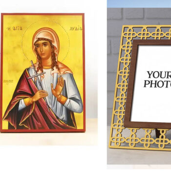 Εικόνα Ορθοδοξίας Πολυτελείας  με  σχεδιο Σταυρούς μαζι με  Βάση σε  8 χρώματα με περίγραμμα χρυσό σε ξύλο Plywood (Πλακάζ)   με  βάση Αγία Λυδία Θυατείρων, Ξύλινη Χειροποίητη Εικόνα Ελληνικού Βυζαντινού Στυλ Κρεμαστή σε ξύλινη πλάκα Χειροποίητη Ελληνορθόδοξη εικόνα του Ιησού Χριστού, Κρεμαστή πλάκα βυζαντινής τέχνης, χριστιανική τέχνη Διάσταση 10x7 cm (3,9 x 2,8 ίντσες)  INTRAEK3kadro3211-11158 - Image 1