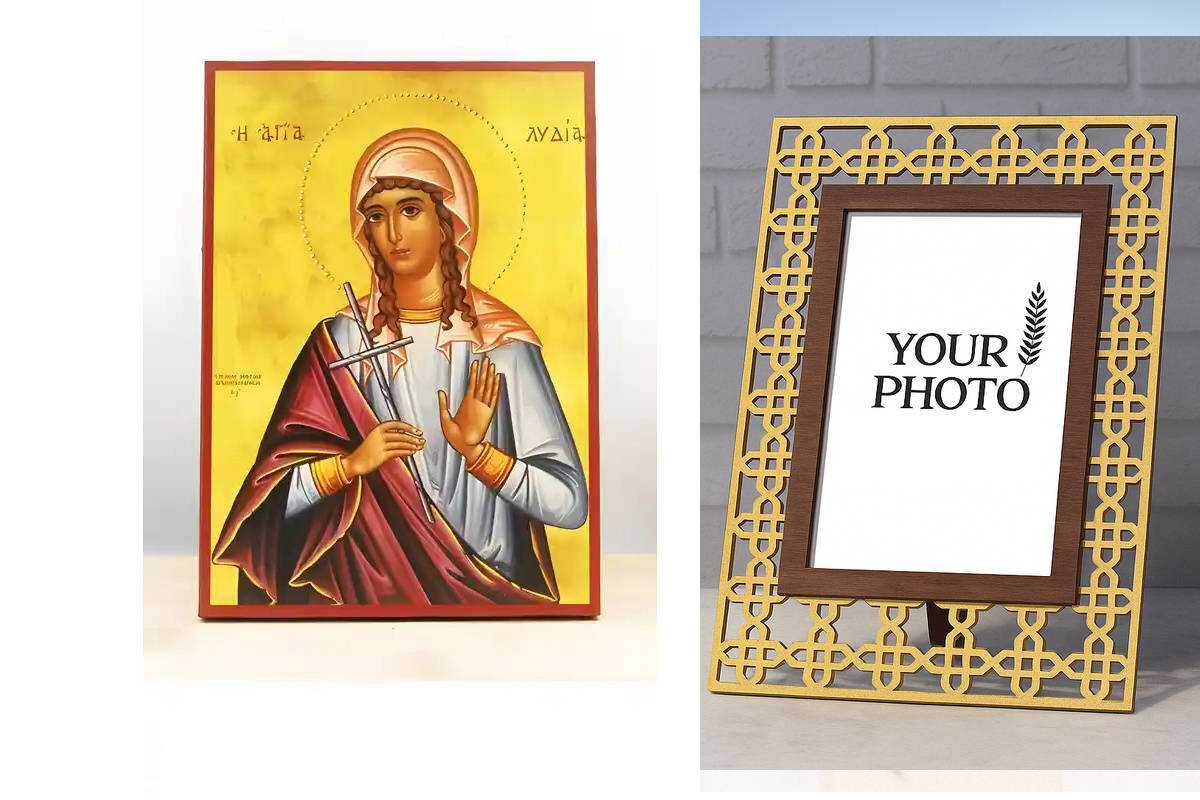 Εικόνα Ορθοδοξίας Πολυτελείας  με  σχεδιο Σταυρούς μαζι με  Βάση σε  8 χρώματα με περίγραμμα χρυσό σε ξύλο Plywood (Πλακάζ)   με  βάση Αγία Λυδία Θυατείρων, Ξύλινη Χειροποίητη Εικόνα Ελληνικού Βυζαντινού Στυλ Κρεμαστή σε ξύλινη πλάκα Χειροποίητη Ελληνορθόδοξη εικόνα του Ιησού Χριστού, Κρεμαστή πλάκα βυζαντινής τέχνης, χριστιανική τέχνη Διάσταση 15x11 cm (5,9 x 4,3 ίντσες)  INTRAEK3kadro3211-611158