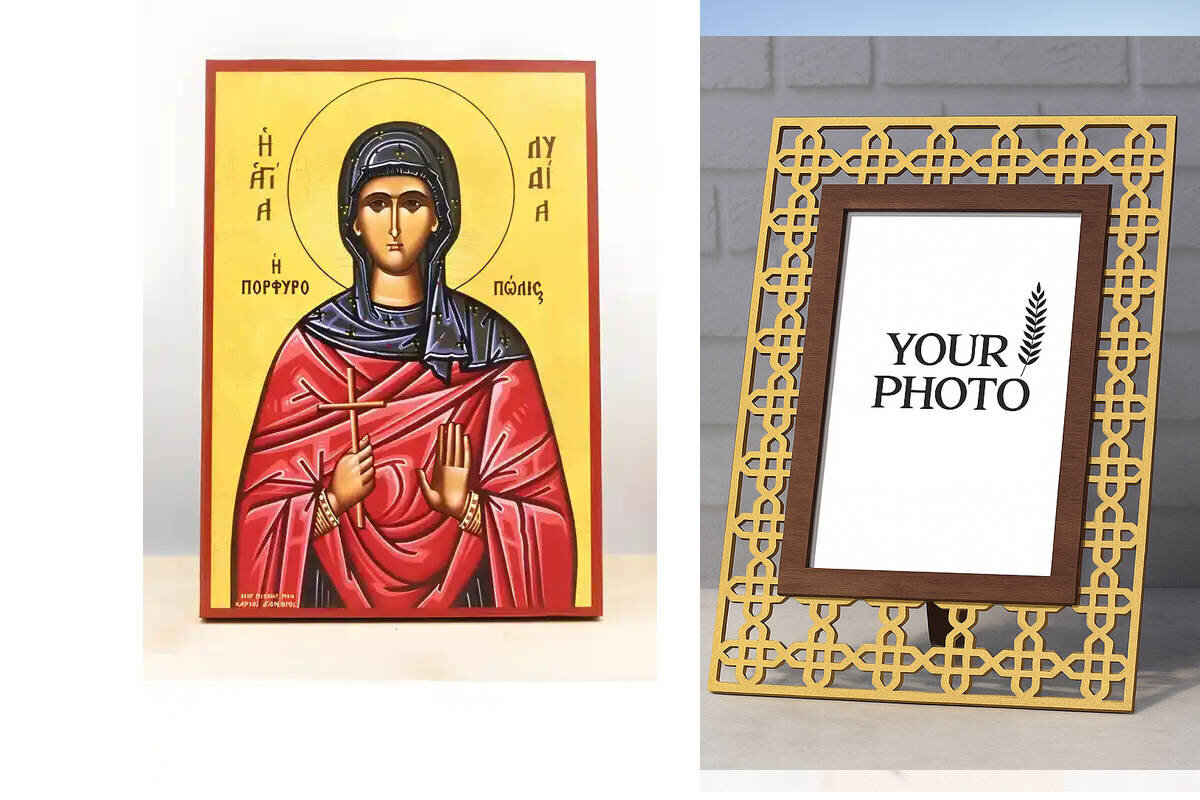 Εικόνα Ορθοδοξίας Πολυτελείας  με  σχεδιο Σταυρούς μαζι με  Βάση σε  8 χρώματα με περίγραμμα χρυσό σε ξύλο Plywood (Πλακάζ)   με  βάση Αγία Λυδία Φιλίππων, Ξύλινη Χειροποίητη Εικόνα Ελληνικού Βυζαντινού Στυλ Κρεμαστή σε ξύλινη πλάκα Χειροποίητη Ελληνορθόδοξη εικόνα του Ιησού Χριστού, Κρεμαστή πλάκα βυζαντινής τέχνης, χριστιανική τέχνη Διάσταση 15x11 cm (5,9 x 4,3 ίντσες)  INTRAEK3kadro3211-611157