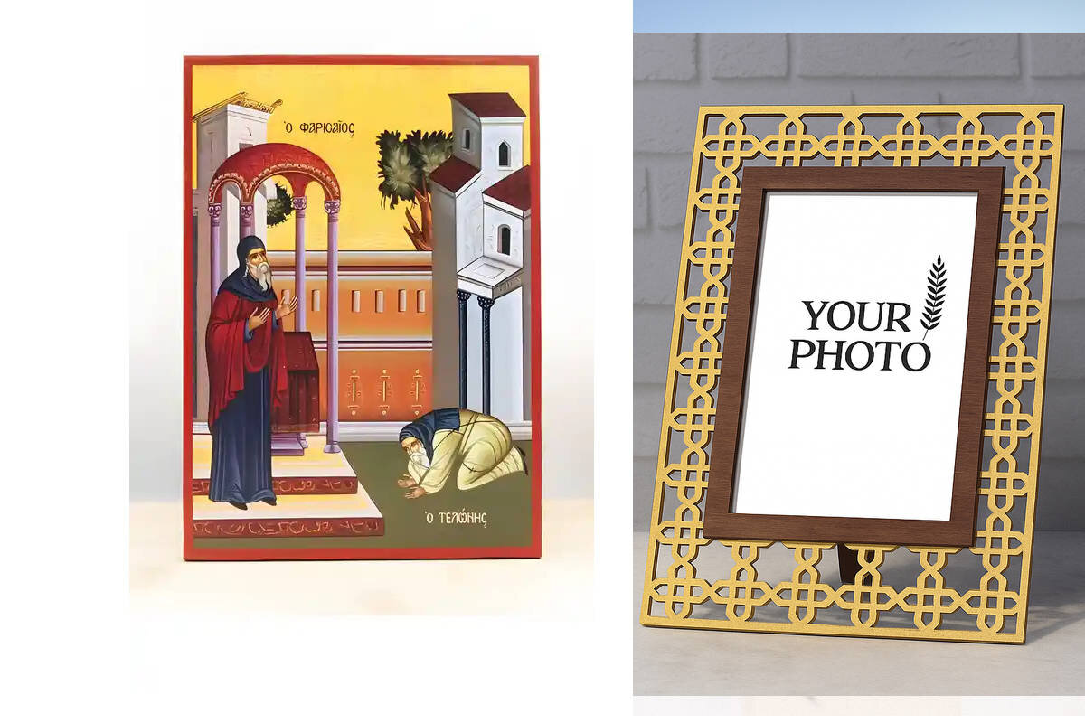 Εικόνα Ορθοδοξίας Πολυτελείας  με  σχεδιο Σταυρούς μαζι με  Βάση σε  8 χρώματα με περίγραμμα χρυσό σε ξύλο Plywood (Πλακάζ)   με  βάση Κυριακή του Τελώνη και του Φαρισαίου, Ξύλινη Χειροποίητη Εικόνα Ελληνικού Βυζαντινού Στυλ Κρεμασμένη σε ξύλινη πλάκα Χειροποίητη Ελληνορθόδοξη εικόνα του Ιησού Χριστού, Κρεμαστή πλάκα βυζαντινής τέχνης, χριστιανική τέχνη Διάσταση 15x11 cm (5,9 x 4,3 ίντσες)  INTRAEK3kadro3211-611156