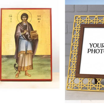 Εικόνα Ορθοδοξίας Πολυτελείας  με  σχεδιο Σταυρούς μαζι με  Βάση σε  8 χρώματα με περίγραμμα χρυσό σε ξύλο Plywood (Πλακάζ)   με  βάση Άγιος Τρύφωνας της Καμπσάδας, Ξύλινη Χειροποίητη Εικόνα Ελληνικού Premium Βυζαντινού Στυλ Κρεμασμένη σε ξύλινη πλάκα Χειροποίητη Ελληνορθόδοξη εικόνα του Ιησού Χριστού, Κρεμαστή πλάκα βυζαντινής τέχνης, χριστιανική τέχνη Διάσταση 10x7 cm (3,9 x 2,8 ίντσες)  INTRAEK3kadro3211-11155 - Image 1