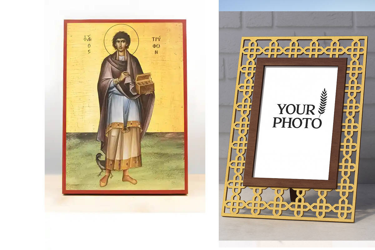 Εικόνα Ορθοδοξίας Πολυτελείας  με  σχεδιο Σταυρούς μαζι με  Βάση σε  8 χρώματα με περίγραμμα χρυσό σε ξύλο Plywood (Πλακάζ)   με  βάση Άγιος Τρύφωνας της Καμπσάδας, Ξύλινη Χειροποίητη Εικόνα Ελληνικού Premium Βυζαντινού Στυλ Κρεμασμένη σε ξύλινη πλάκα Χειροποίητη Ελληνορθόδοξη εικόνα του Ιησού Χριστού, Κρεμαστή πλάκα βυζαντινής τέχνης, χριστιανική τέχνη Διάσταση 15x11 cm (5,9 x 4,3 ίντσες)  INTRAEK3kadro3211-611155