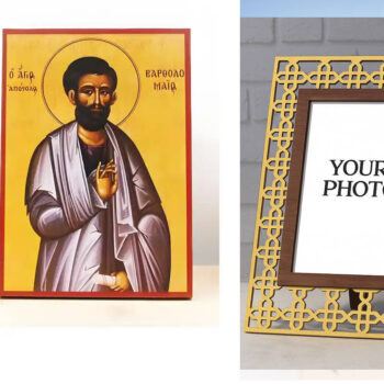 Εικόνα Ορθοδοξίας Πολυτελείας  με  σχεδιο Σταυρούς μαζι με  Βάση σε  8 χρώματα με περίγραμμα χρυσό σε ξύλο Plywood (Πλακάζ)   με  βάση Άγιος Απόστολος Βαρθολομαίος, Ξύλινη Χειροποίητη Εικόνα Ελληνικού Premium Βυζαντινού Στυλ Κρεμαστή σε ξύλινη πλάκα Θρησκευτικό θέμα Χειροποίητη Ελληνορθόδοξη εικόνα του Ιησού Χριστού, Κρεμαστή πλάκα βυζαντινής τέχνης, χριστιανική τέχνη Διάσταση 15x11 cm (5,9 x 4,3 ίντσες)  INTRAEK3kadro3211-611154 - Image 1