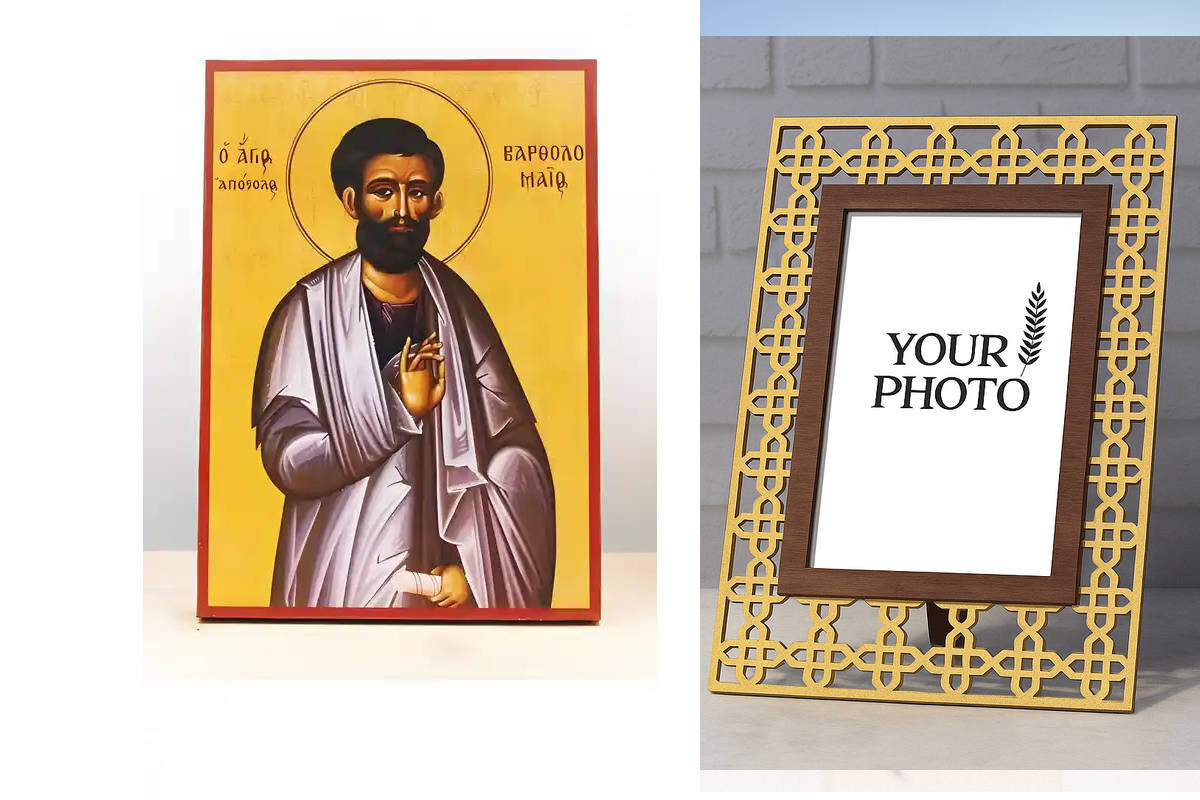 Εικόνα Ορθοδοξίας Πολυτελείας  με  σχεδιο Σταυρούς μαζι με  Βάση σε  8 χρώματα με περίγραμμα χρυσό σε ξύλο Plywood (Πλακάζ)   με  βάση Άγιος Απόστολος Βαρθολομαίος, Ξύλινη Χειροποίητη Εικόνα Ελληνικού Premium Βυζαντινού Στυλ Κρεμαστή σε ξύλινη πλάκα Θρησκευτικό θέμα Χειροποίητη Ελληνορθόδοξη εικόνα του Ιησού Χριστού, Κρεμαστή πλάκα βυζαντινής τέχνης, χριστιανική τέχνη Διάσταση 15x11 cm (5,9 x 4,3 ίντσες)  INTRAEK3kadro3211-611154