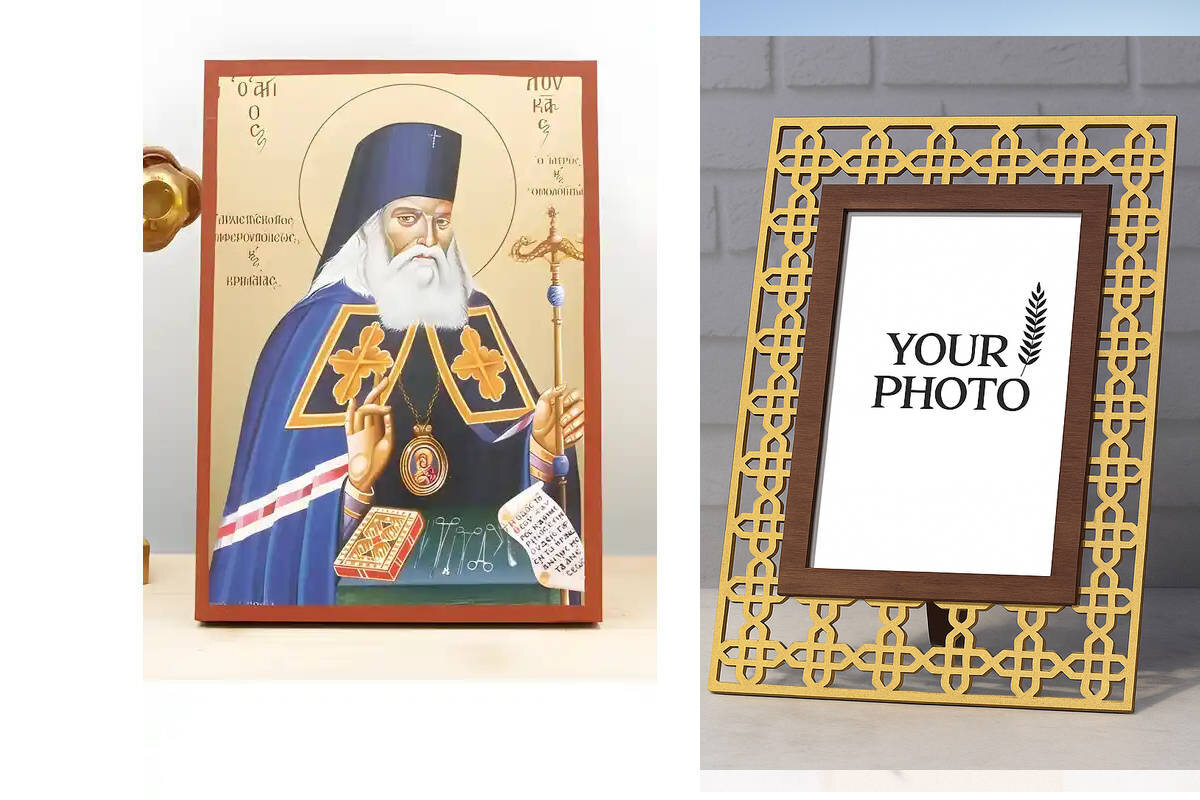 Εικόνα Ορθοδοξίας Πολυτελείας  με  σχεδιο Σταυρούς μαζι με  Βάση σε  8 χρώματα με περίγραμμα χρυσό σε ξύλο Plywood (Πλακάζ)   με  βάση Άγιος Λουκάς ο Ιατρός, Ξύλινη Χειροποίητη Εικόνα με χρυσό φύλλο Ελληνικό Premium Βυζαντινού Στυλ Κρεμαστό τοίχου Θρησκευτικό Θέμα Χειροποίητη Ελληνορθόδοξη εικόνα του Ιησού Χριστού, Κρεμαστή πλάκα βυζαντινής τέχνης, χριστιανική τέχνη Διάσταση 15x11 cm (5,9 x 4,3 ίντσες)  INTRAEK3kadro3211-611152