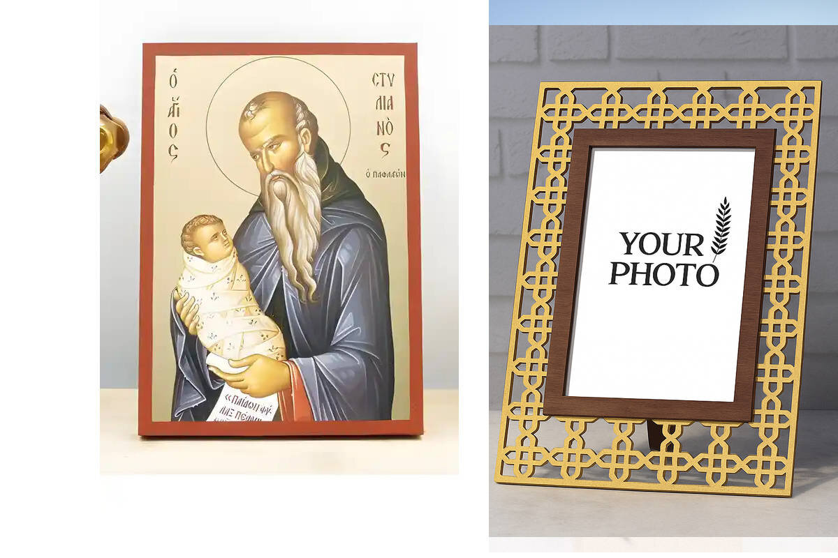 Εικόνα Ορθοδοξίας Πολυτελείας  με  σχεδιο Σταυρούς μαζι με  Βάση σε  8 χρώματα με περίγραμμα χρυσό σε ξύλο Plywood (Πλακάζ)   με  βάση Άγιος Στυλιανός Παφλαγονίας, Ξύλινη Χειροποίητη Εικόνα με Ψηφιακή Εκτύπωση Ελληνικό Premium Βυζαντινού Στυλ Κρεμαστό τοίχου Θρησκευτικό Θέμα Χειροποίητη Ελληνορθόδοξη εικόνα του Ιησού Χριστού, Κρεμαστή πλάκα βυζαντινής τέχνης, χριστιανική τέχνη Διάσταση 15x11 cm (5,9 x 4,3 ίντσες)  INTRAEK3kadro3211-611151