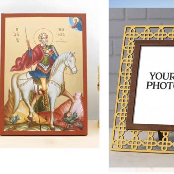 Εικόνα Ορθοδοξίας Πολυτελείας  με  σχεδιο Σταυρούς μαζι με  Βάση σε  8 χρώματα με περίγραμμα χρυσό σε ξύλο Plywood (Πλακάζ)   με  βάση Άγιος Μηνάς της Αιγύπτου έφιππος, Ξύλινη χειροποίητη εικόνα με χρυσό φύλλο θρησκευτικό θέμα Ελληνικό Premium Βυζαντινού Στυλ σε τοίχο Χειροποίητη Ελληνορθόδοξη εικόνα του Ιησού Χριστού, Κρεμαστή πλάκα βυζαντινής τέχνης, χριστιανική τέχνη Διάσταση 15x11 cm (5,9 x 4,3 ίντσες)  INTRAEK3kadro3211-611150 - Image 1