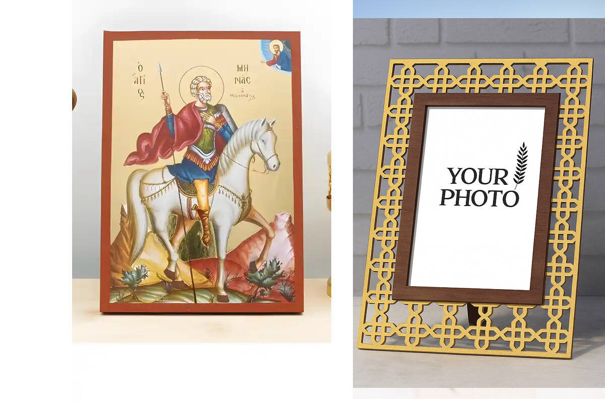 Εικόνα Ορθοδοξίας Πολυτελείας  με  σχεδιο Σταυρούς μαζι με  Βάση σε  8 χρώματα με περίγραμμα χρυσό σε ξύλο Plywood (Πλακάζ)   με  βάση Άγιος Μηνάς της Αιγύπτου έφιππος, Ξύλινη χειροποίητη εικόνα με χρυσό φύλλο θρησκευτικό θέμα Ελληνικό Premium Βυζαντινού Στυλ σε τοίχο Χειροποίητη Ελληνορθόδοξη εικόνα του Ιησού Χριστού, Κρεμαστή πλάκα βυζαντινής τέχνης, χριστιανική τέχνη Διάσταση 15x11 cm (5,9 x 4,3 ίντσες)  INTRAEK3kadro3211-611150