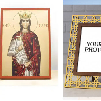 Εικόνα Ορθοδοξίας Πολυτελείας  με  σχεδιο Σταυρούς μαζι με  Βάση σε  8 χρώματα με περίγραμμα χρυσό σε ξύλο Plywood (Πλακάζ)   με  βάση Αγία Βαρβάρα "Βαρβάρα" η Μεγαλομάρτυς, Ξύλινη Χειροποίητη Εικόνα με Αλουμινόχαρτο Ελληνικό Premium Βυζαντινού Στυλ Κρεμαστό τοίχου Θρησκευτικό Θέμα Χειροποίητη Ελληνορθόδοξη εικόνα του Ιησού Χριστού, Κρεμαστή πλάκα βυζαντινής τέχνης, χριστιανική τέχνη Διάσταση 15x11 cm (5,9 x 4,3 ίντσες)  INTRAEK3kadro3211-611149 - Image 1