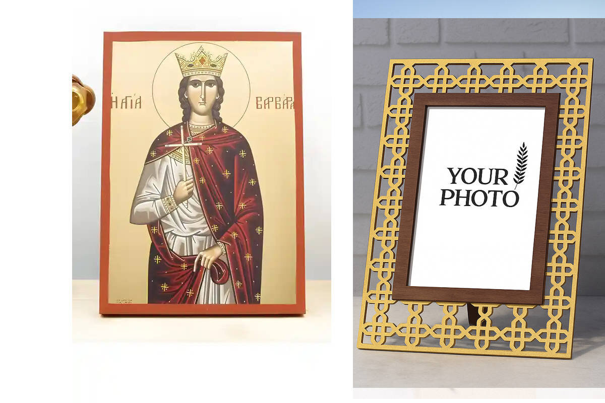 Εικόνα Ορθοδοξίας Πολυτελείας  με  σχεδιο Σταυρούς μαζι με  Βάση σε  8 χρώματα με περίγραμμα χρυσό σε ξύλο Plywood (Πλακάζ)   με  βάση Αγία Βαρβάρα "Βαρβάρα" η Μεγαλομάρτυς, Ξύλινη Χειροποίητη Εικόνα με Αλουμινόχαρτο Ελληνικό Premium Βυζαντινού Στυλ Κρεμαστό τοίχου Θρησκευτικό Θέμα Χειροποίητη Ελληνορθόδοξη εικόνα του Ιησού Χριστού, Κρεμαστή πλάκα βυζαντινής τέχνης, χριστιανική τέχνη Διάσταση 15x11 cm (5,9 x 4,3 ίντσες)  INTRAEK3kadro3211-611149