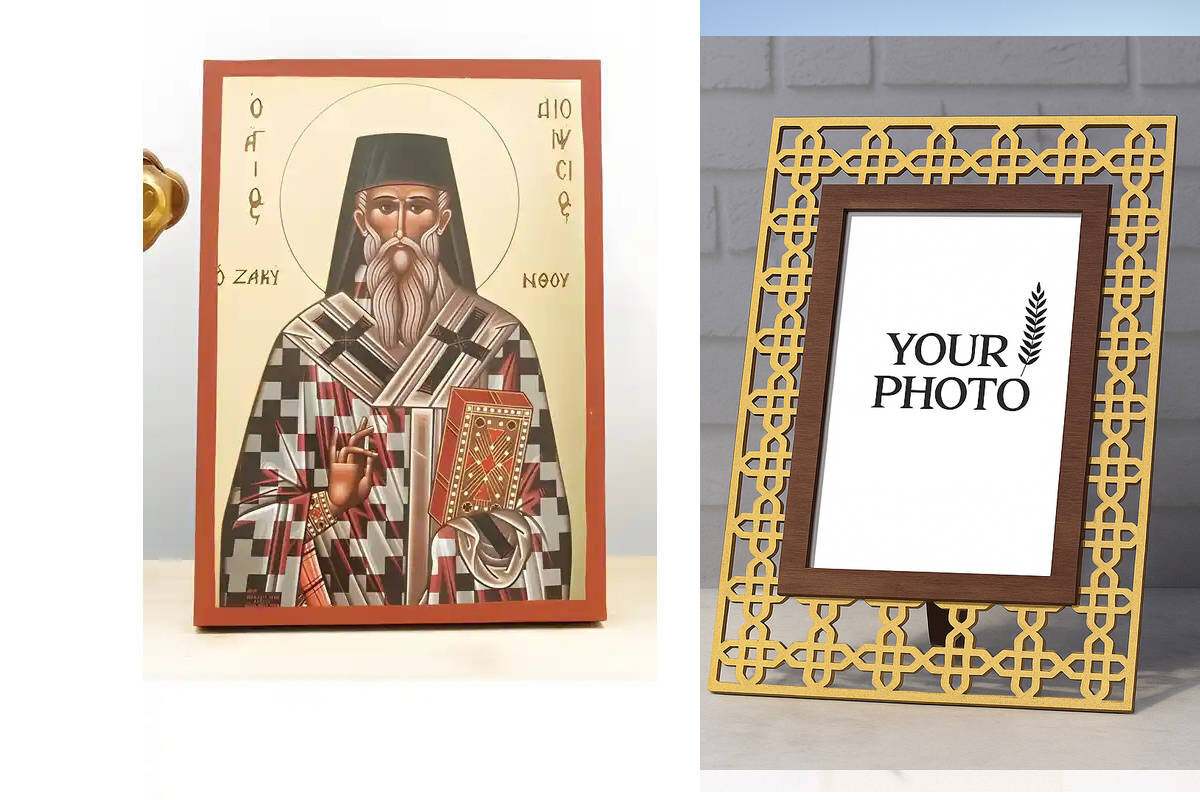 Εικόνα Ορθοδοξίας Πολυτελείας  με  σχεδιο Σταυρούς μαζι με  Βάση σε  8 χρώματα με περίγραμμα χρυσό σε ξύλο Plywood (Πλακάζ)   με  βάση Άγιος Διονύσιος Ζακύνθου, Ξύλινη Χειροποίητη Εικόνα με Ψηφιακή Εκτύπωση Ελληνικό Premium Βυζαντινού Στυλ Κρεμαστό τοίχου Θρησκευτικό Θέμα Χειροποίητη Ελληνορθόδοξη εικόνα του Ιησού Χριστού, Κρεμαστή πλάκα βυζαντινής τέχνης, χριστιανική τέχνη Διάσταση 15x11 cm (5,9 x 4,3 ίντσες)  INTRAEK3kadro3211-611148